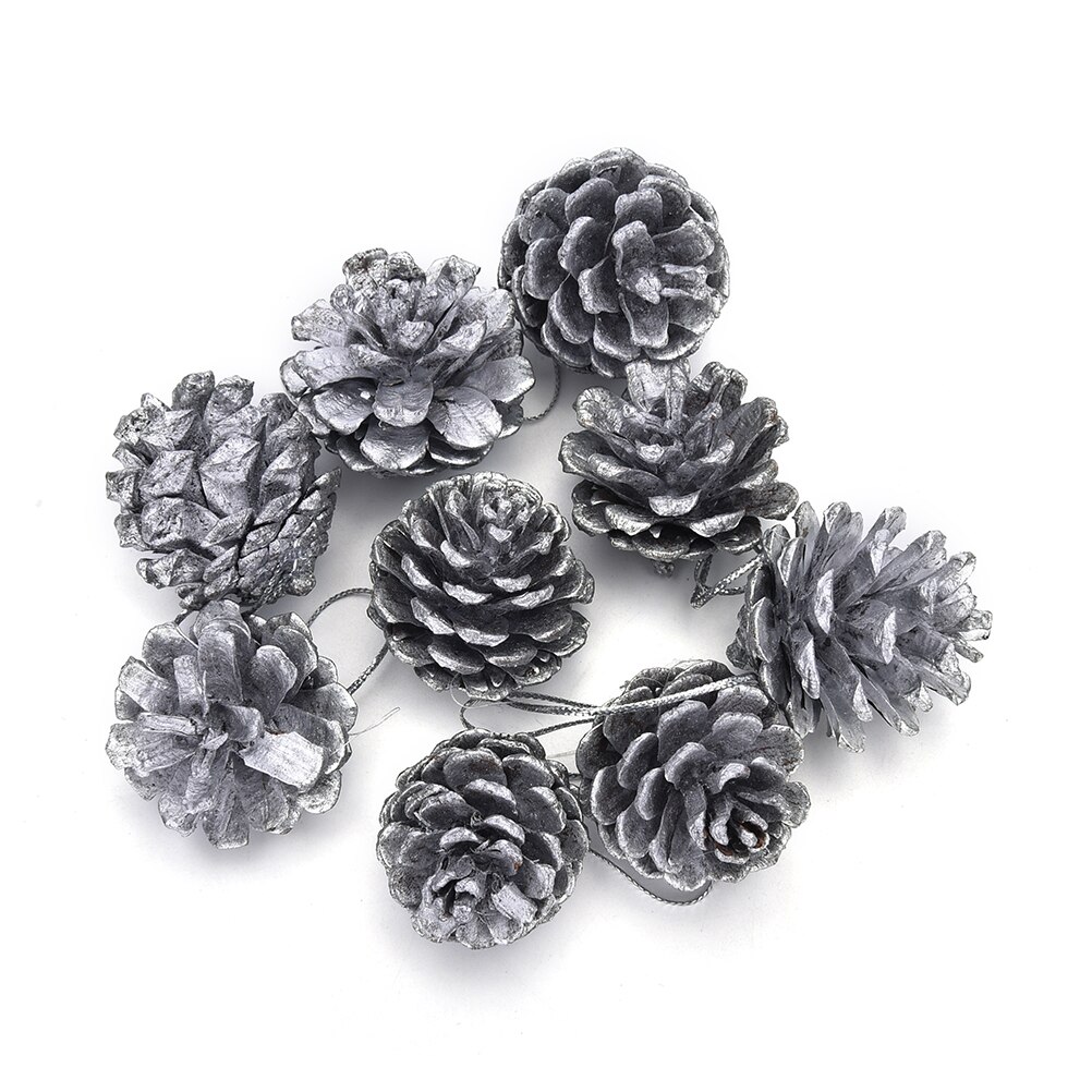 9Pcs Christmas Tree Pine Cones Pinecone Hanging Ball Year Xmas Party Ornament For Festival Supplies 2Colors: Silver