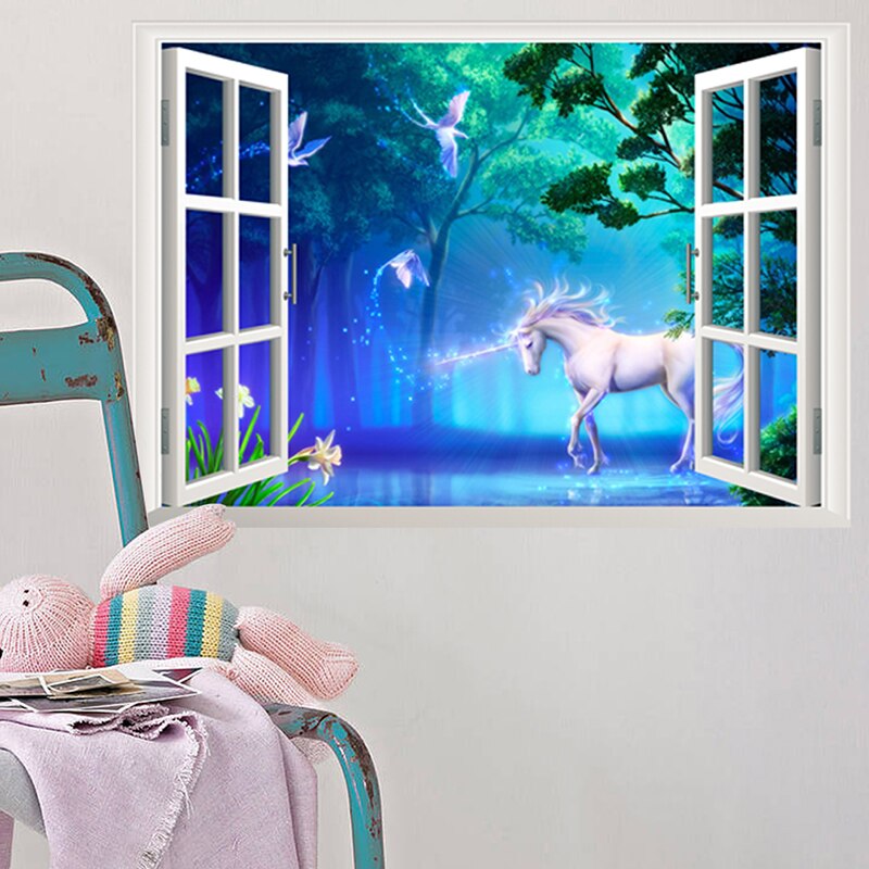 Unicorn dekorativa väggdekaler hästhuvud 3d fönster väggmålningar konst dekaler heminredning för barnrum