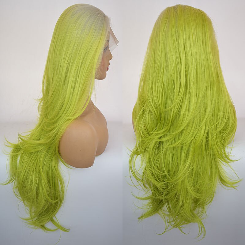 Bombshell White Ombre Green Natural Wave Synthetic Lace Front Wig Glueless Heat Resistant Fiber Hair Side Parting For Women Wigs