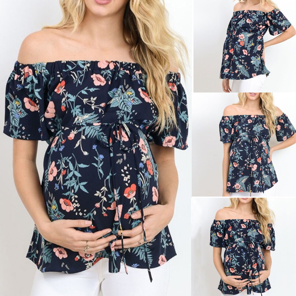 Kvinnors kortärmade toppar amning off shoulder blommig t-shirt gravidkläder gravidtoppar sommar gravidblus