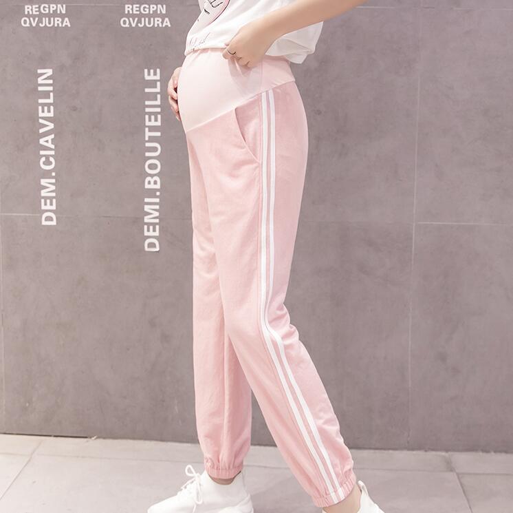3126 # Lente Zomer Mode Moederschap Jogger Broek Elastische Taille Buik Broek Kleding Voor Zwangere Vrouwen Dunne Zwangerschap Broek: Roze / L