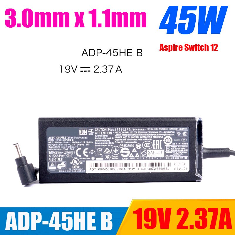 Alkuperäinen acer 19v 2.37a 45w 3.0*1.1mm kannettavan tietokoneen verkkolaite laturi swift 3 sf314-52g sf314-54 sp315 kytkin 3 sw312 adp -45he b