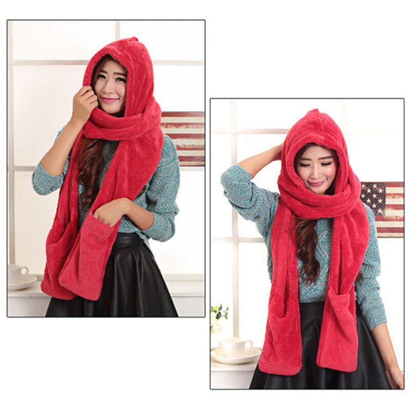 3 in 1 Women Warm Hood Scarf Snood Pocket Gloves Hat Comfortable Warm for Winter Outdoor Sets-B5: Red