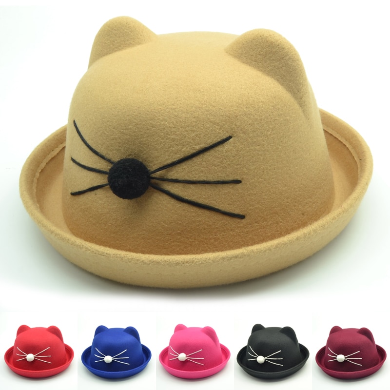 child bowler hat wool felt Fedora hats for Women Girls Children solid Cat Ear formal cap trilby Sombrero Derby 6 colors