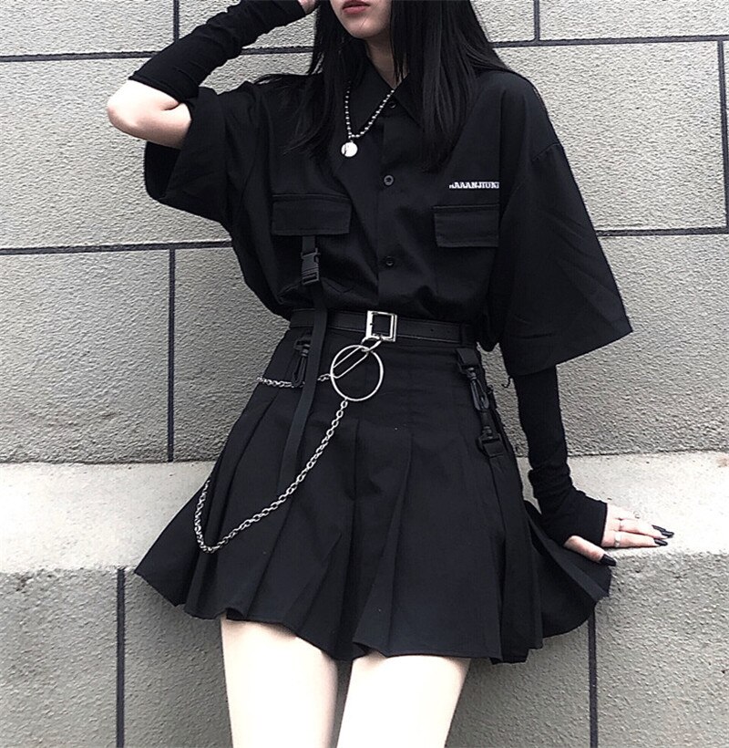Falda negra plisada con cinturón de cadena Punk Rock Goth Girl, minifalda para animadoras con cinturón, traje para mujer