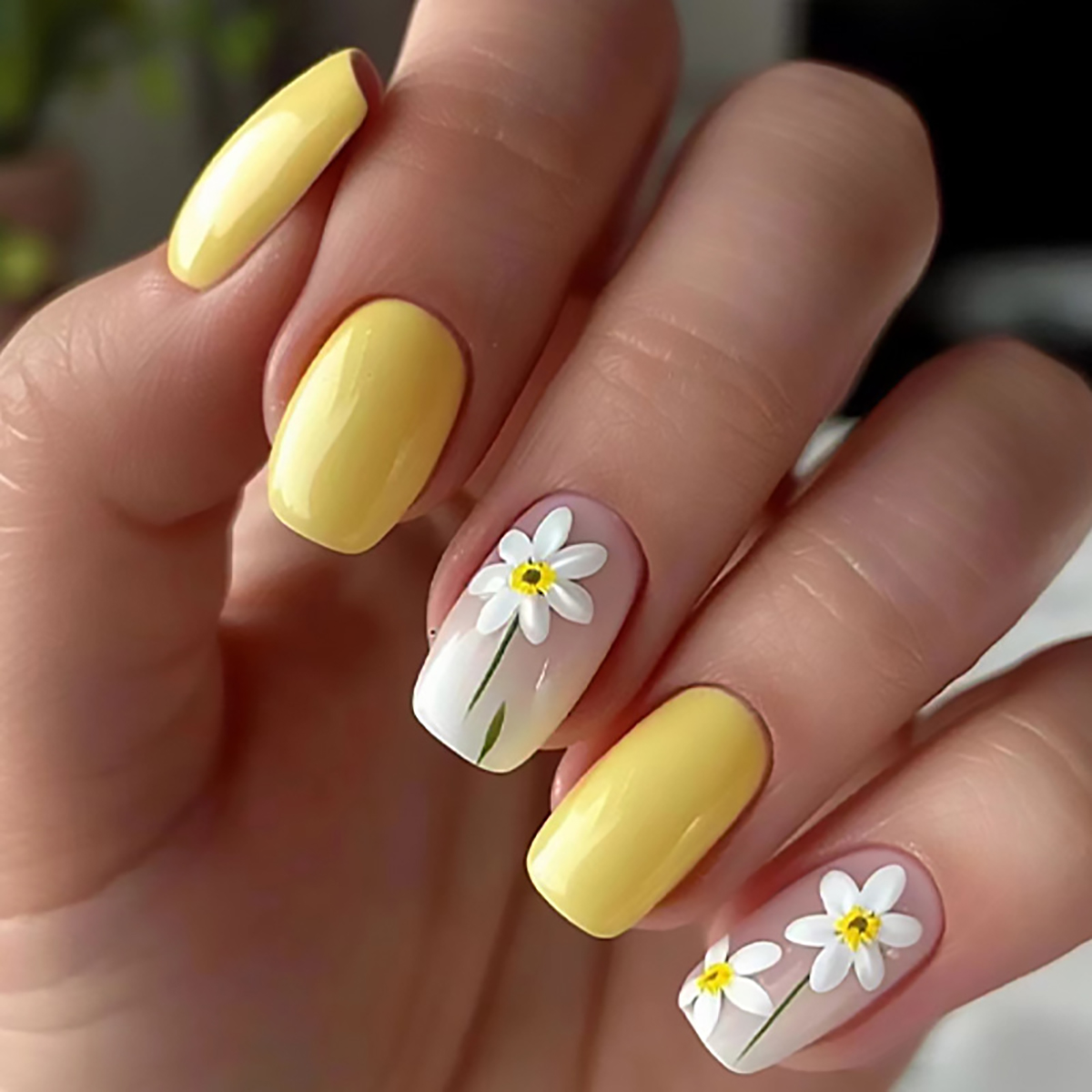 4 ensembles/96 pièces à pression carrée sur les ongles: points dégradés/floral/multicolore. Longueur moyenne brillante avec fichiers et gels. Fête et quotidienne. Détachable: YELLOW
