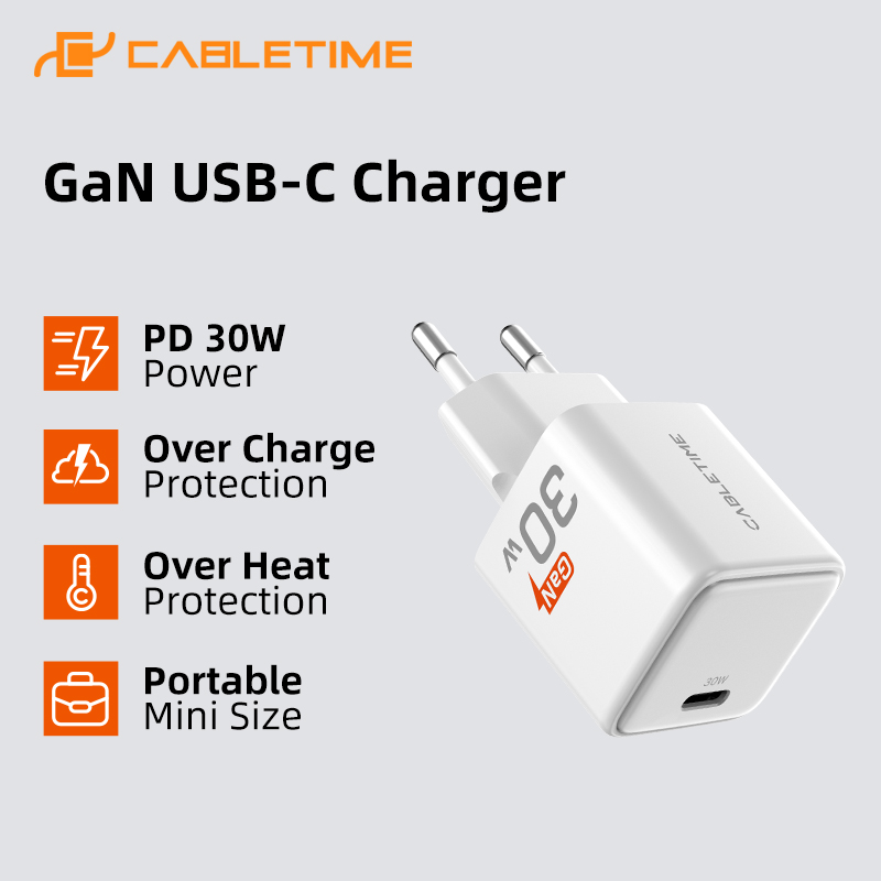Cabletime pd-oplader gan 30w pd  qc 3.0 snellader usb-c telefoonoplader type-c snelladen voor iphone 16 pro macbook laptop