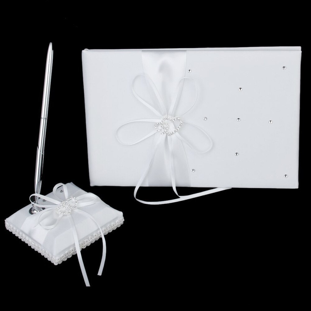 5- i -1 romantiske krystal rhinestones dobbelt hjerte & bue indretning bryllup tema stil gæstebog/pen stander holder/ring pude/