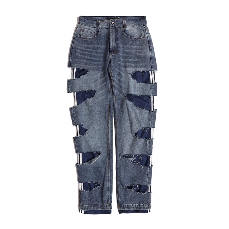 Swag – pantalon en Jean délavé pour hommes, bleu, noir, Hip Hop, Large, pantalon en Denim déchiré, femme, Streetwear urbain