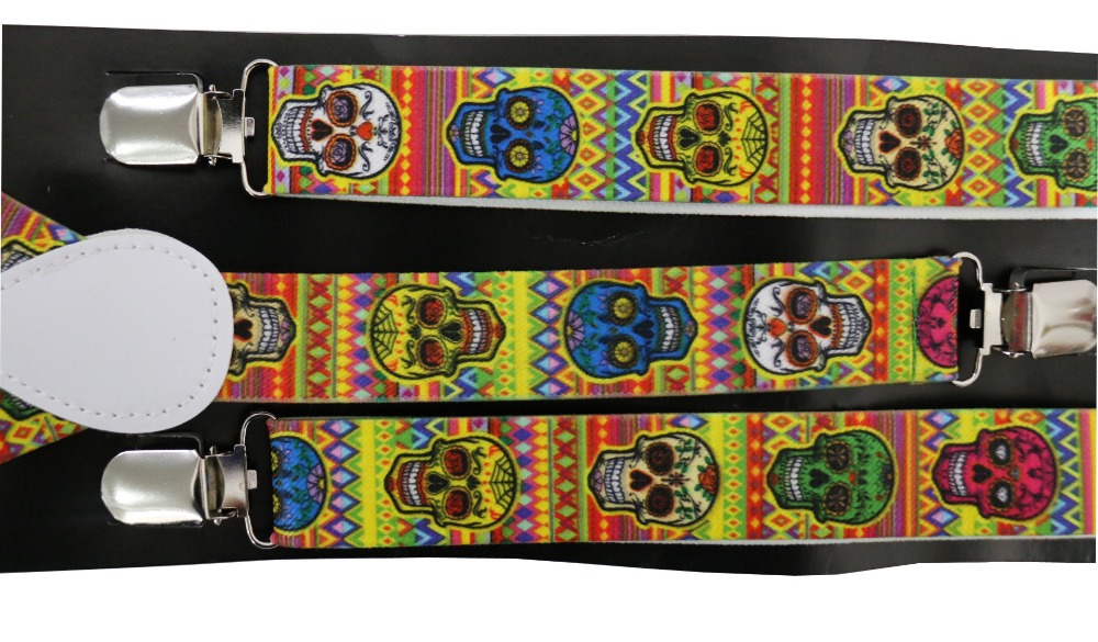 Bretelles pour hommes et femmes, bretelles réglables, avec crâne géométrique multicolore imprimé, 2.5