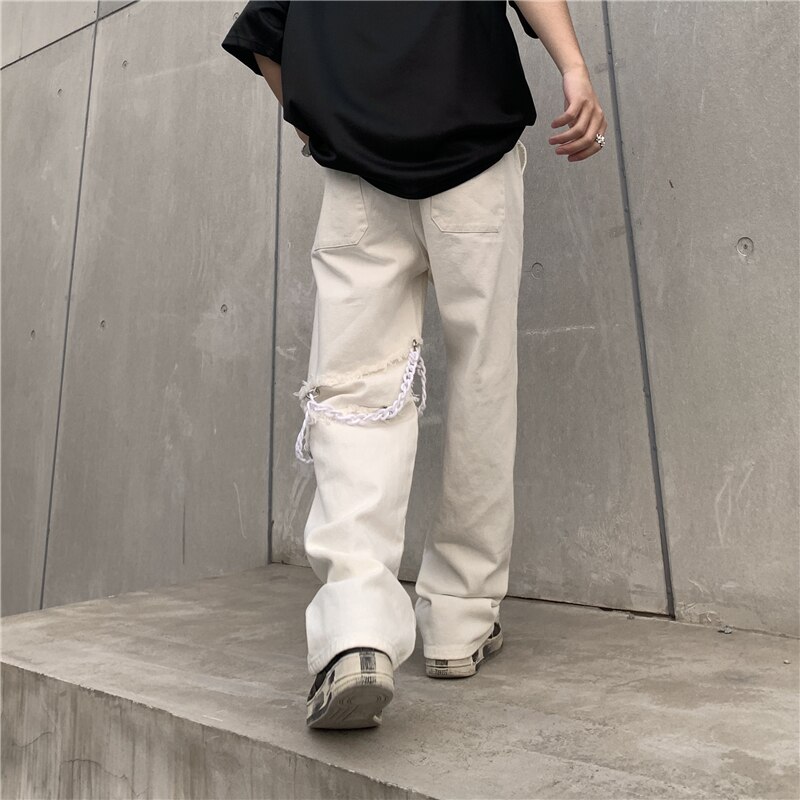 Harajuku Streetwear – pantalon Cargo décontracté avec chaîne au genou pour homme et femme, ample avec cordon de serrage