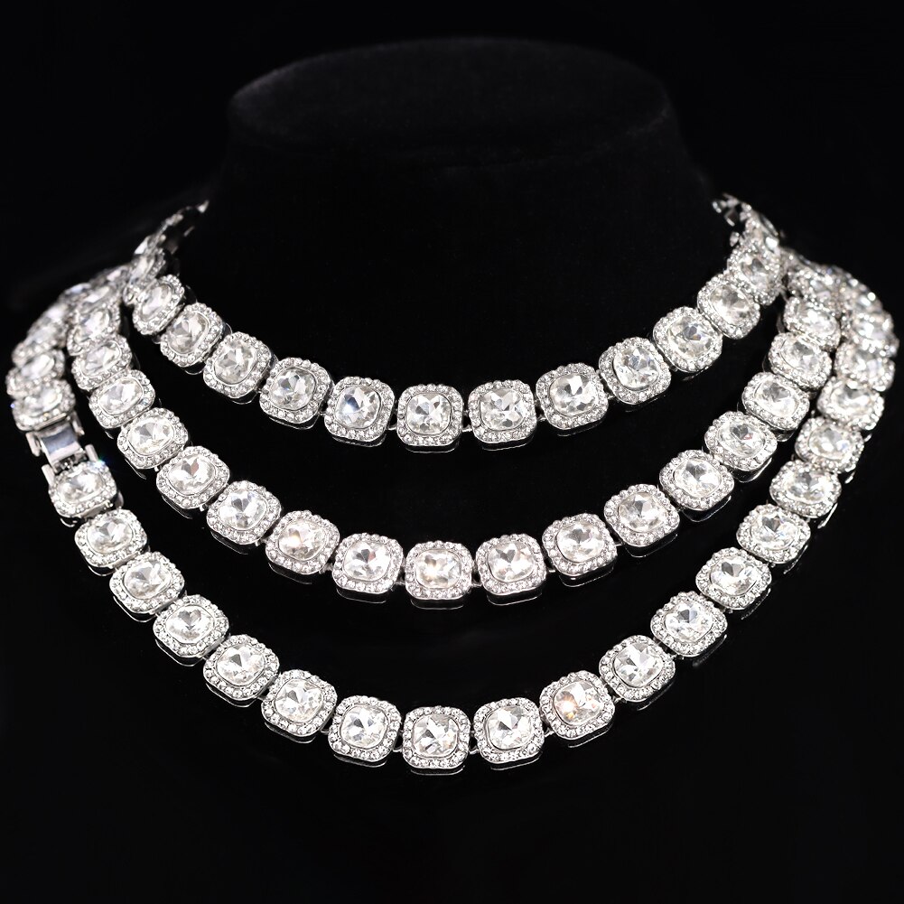 Collar de cadena de eslabones cubanos con punta de lujo para hombre y mujer, collares de cadena de tenis con racimo de circonita de cristal ostentoso, joyería de Hip Hop