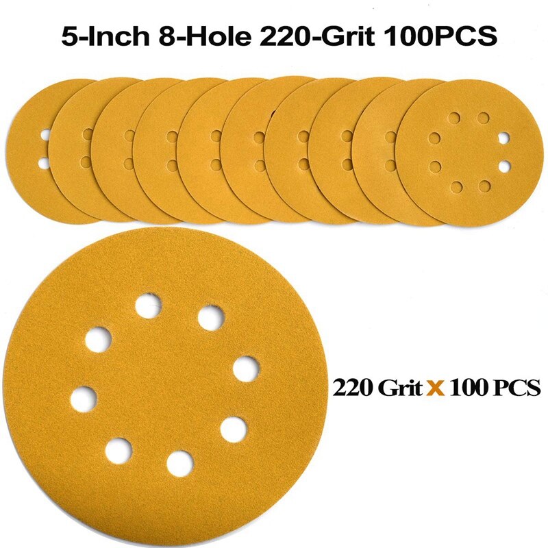 Big 5-Inch 8-Hole Hook and Loop Sanding Discs 220-Grit Ran Track Sandpaper, 100-Pack