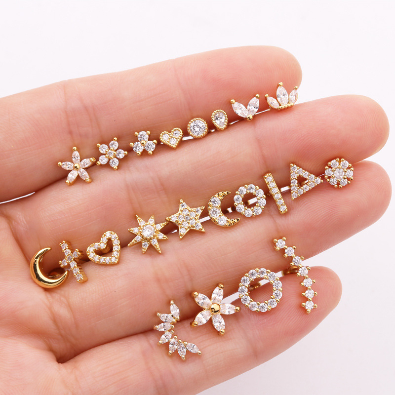 Piercing de oreja de circonita para mujer, pendientes de tuerca de acero inoxidable, Luna, flor, cartílago, hélice, Tragus, Rook, joyería plana, 1 ud.