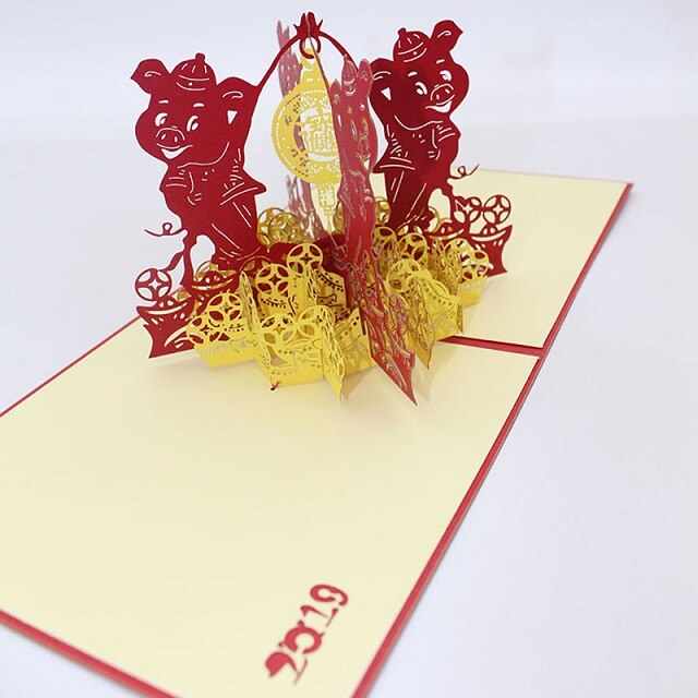 Gelukkig Nieuwjaar 3D Stereoscopische Hollow Rode Dubbele Pig Festival Zegen Verjaardag Wenskaarten Met Envelop Business Postkaart: White