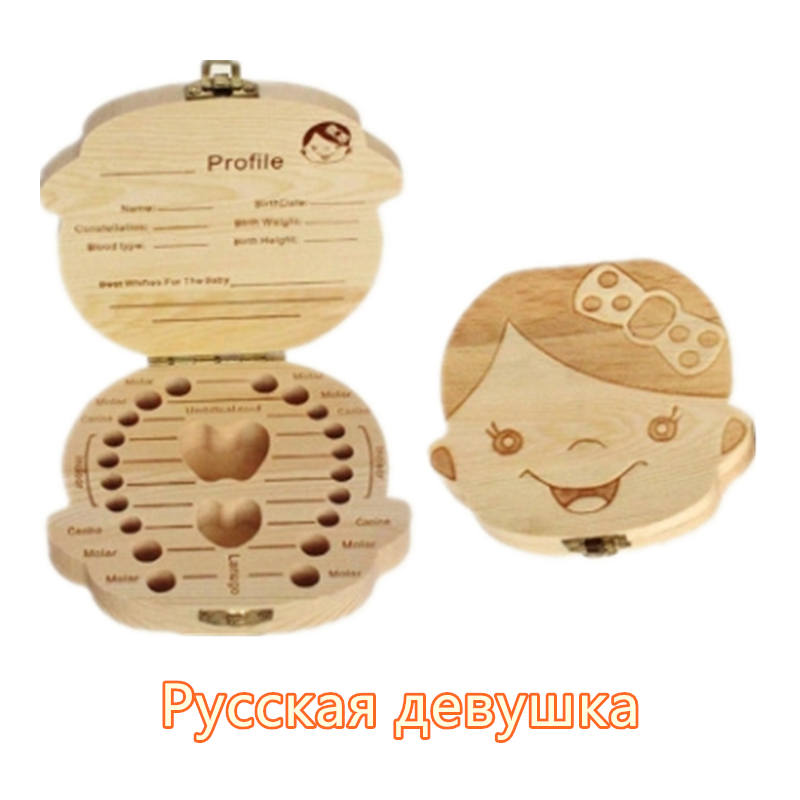 Babymelk Tanden Doos Spaans Engels Russion Baby Hout Tand Doos Baby Tand Organizer Kids Bladverliezende Opslag Verzamelen Houten Doos: Russian For Girl