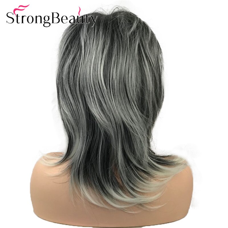 StrongBeauty Soft Fluffy Layered Shag Wig Medium Length Hair Natural Straight Black Silver White Synthetic Wigs: Default Title