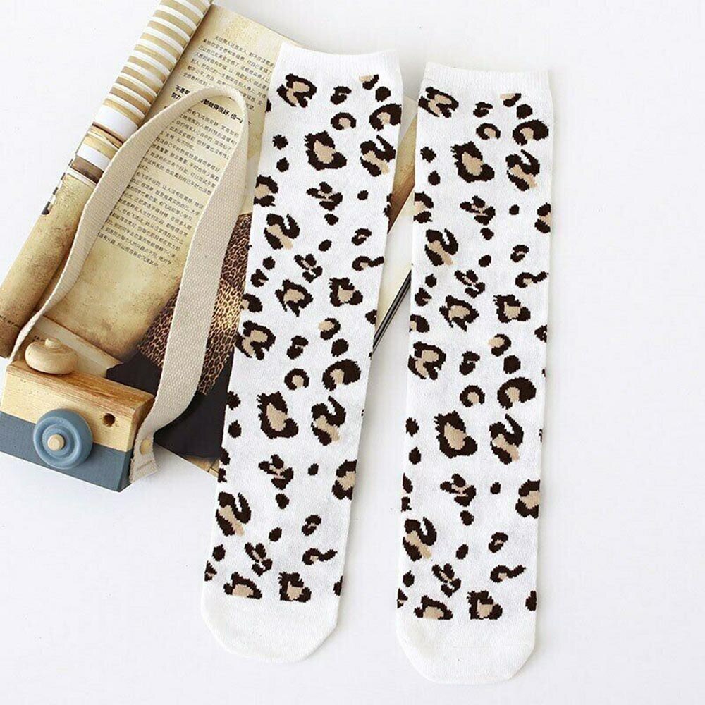 Leopard børnestrømper efterår vinter bløde varme sokker baby pige knæhøje småbørn bomuld knæstrømper børn: Hvid