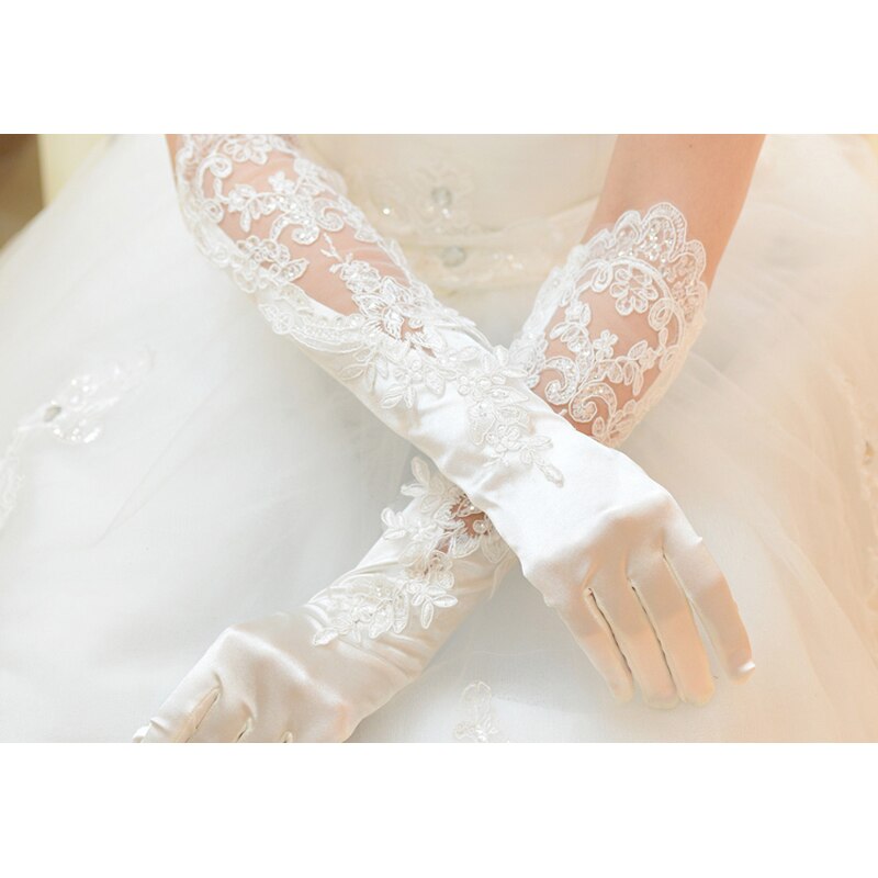 Lange Bridal Handschoenen Satijn Met Kant Bruiloft Accessoires Ivoor Bruids Handschoenen
