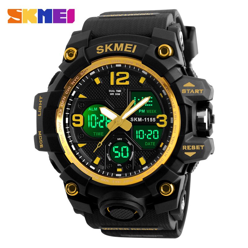 Skmei luminous dual display herre sportsure mandlige quartz armbåndsur stopur automatisk dato alarm elektronisk ur 1155b farve: Guld