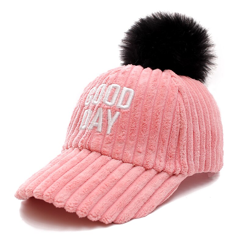 Goede Dag Brief Vrouwen Winter Baseball Cap Mode Pompoms Hoed Voor Vrouwelijke Herfst Casual Flanel Warm Cap