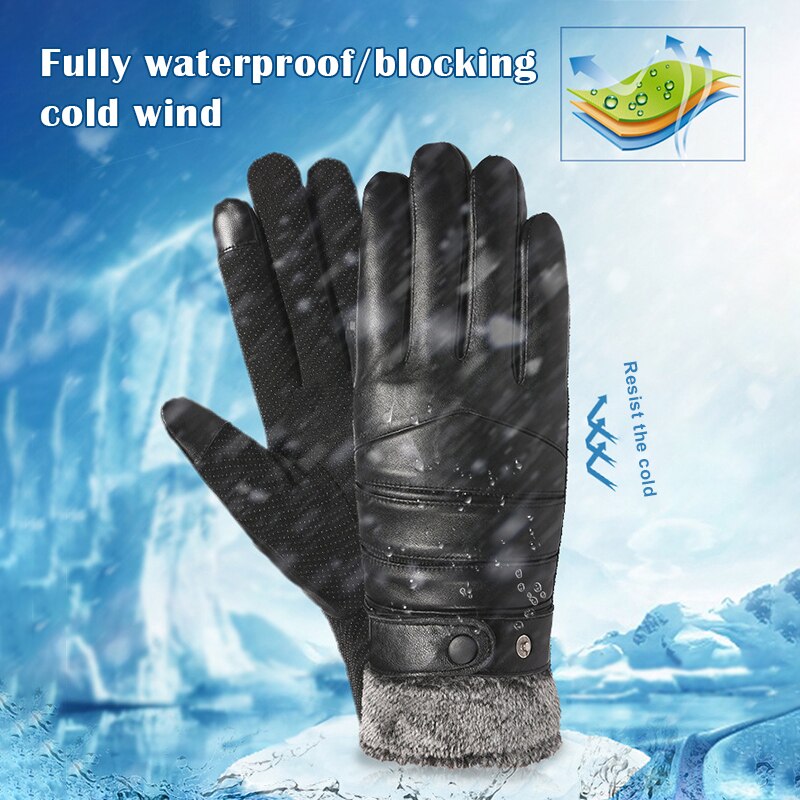 Men Winter Warm Gloves PU Leather Gloves Riding Cold-Proof Plus Velvet Thick Windproof Touch screen Motorcycle Glove Winter