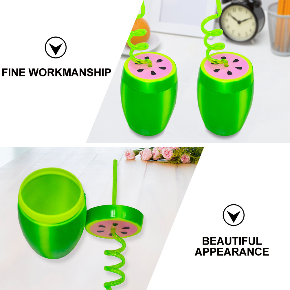 2 Sets Plastic Watermelon Cup Portable Cup with Straw (Green)