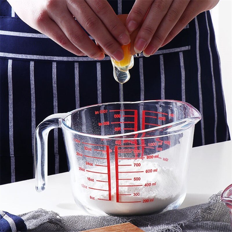 Taza medidora de vidrio resistente al calor con escala, herramienta de medición de vidrio para horno microondas, Hornear en Casa con agarre en ángulo de medición roja