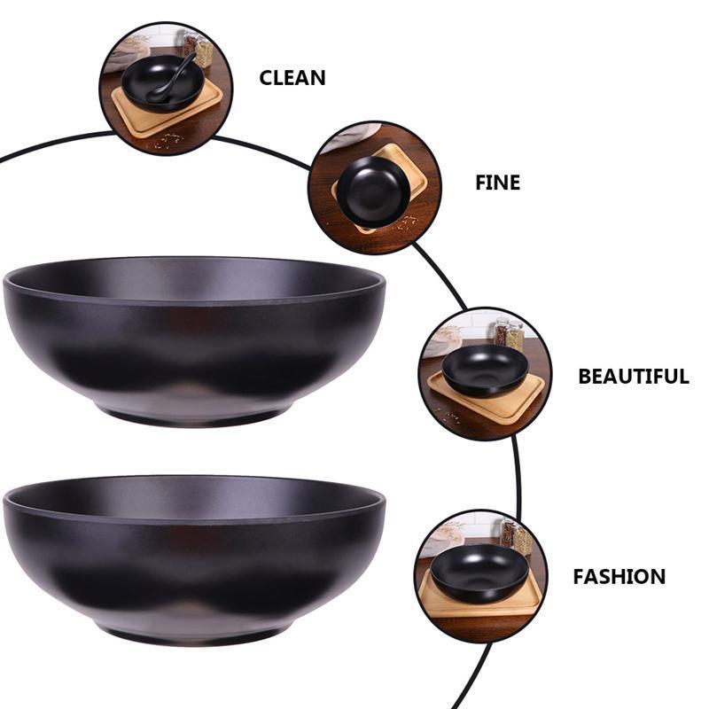 2Pcs Japanese Style Ramen Bowls Stylish Food Container Black Noodle Bowls Black Imitation Porcelain Japanese Ramen Bowl