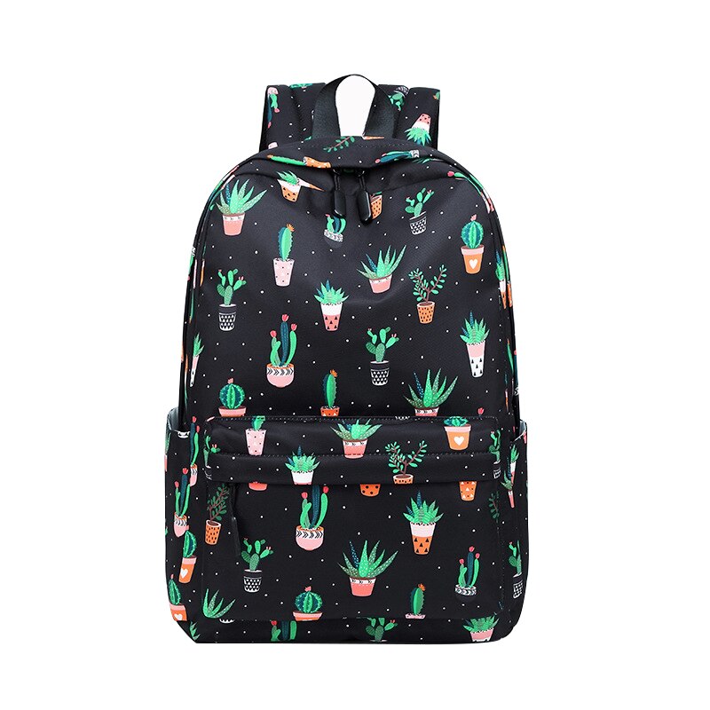 atinfor Brand Waterproof Nylon Lightweight Cactus Printing Backpack Women 16.5 inch Middle School Student Book Bag: black