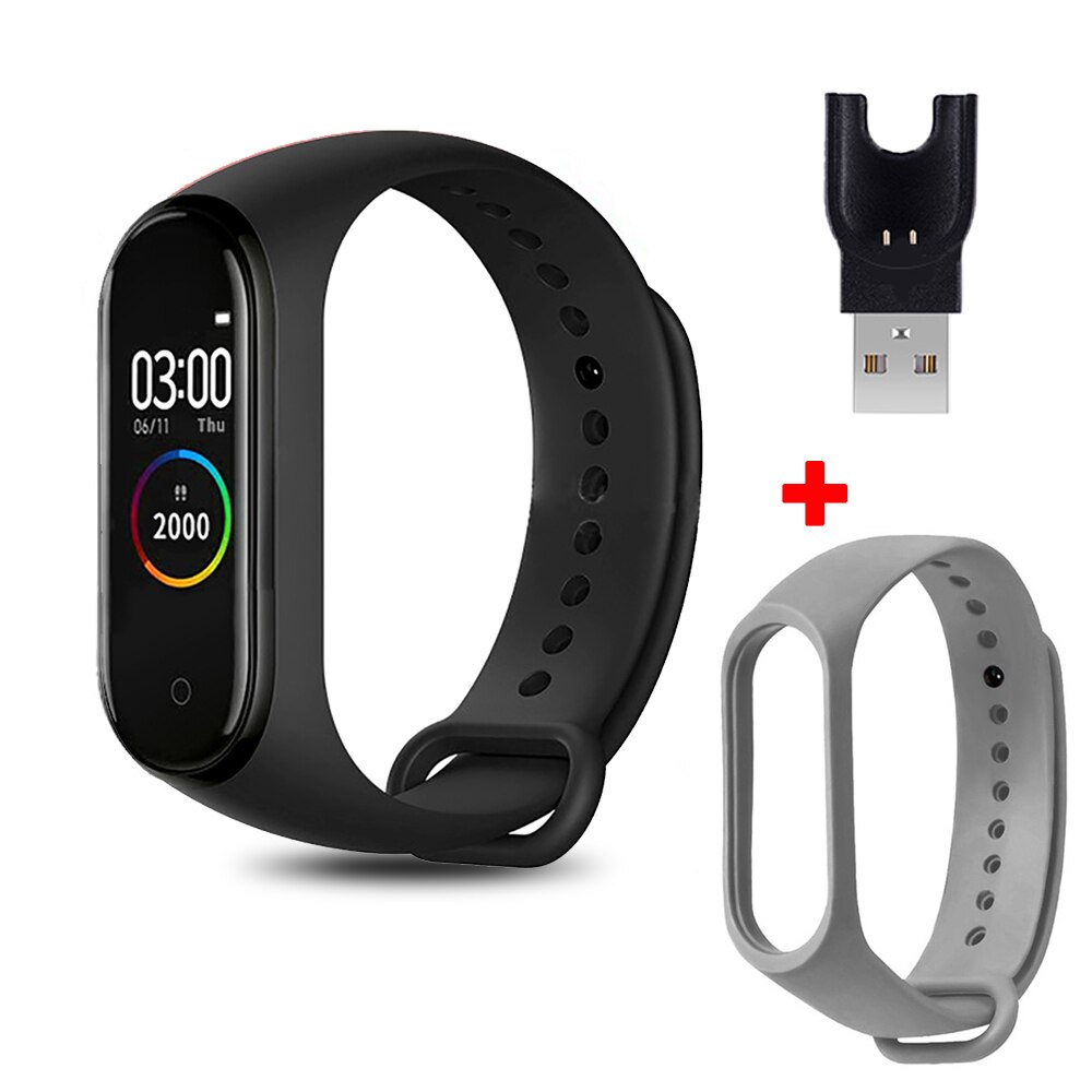 M4 Smart Bracelet with Extra Strap Smart Band Color Screen Sport Fitness Pedometer Blood Pressure Smart Wristband Step Counter: black grey