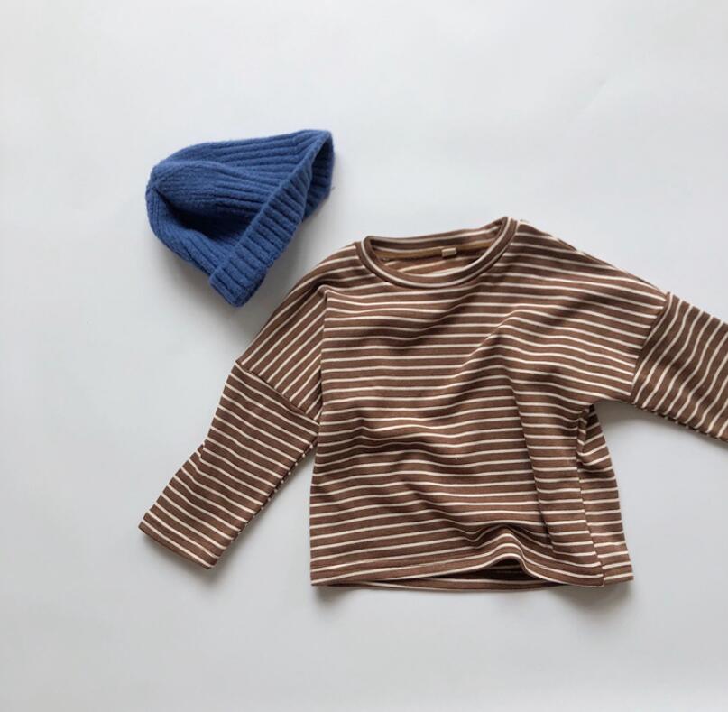 girls boys striped t shirt autumn cotton full sleeve kids top 1-7 years YQ841: Brown