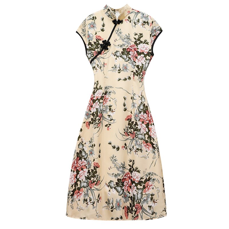 Grote Plus Size M-4XL Vintage Chinese Slanke Jurk Qipao Casual Party Vrouwen A-lijn Jurk Korte Mouw Zomer Cheongsam Jurken