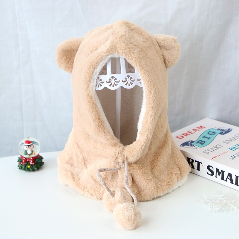 Schattige babymuts met berenoortjes, warme pluche wintermuts voor meisjes en jongens, effen kleur, oorbescherming voor buiten, zachte peutermuts: Khaki