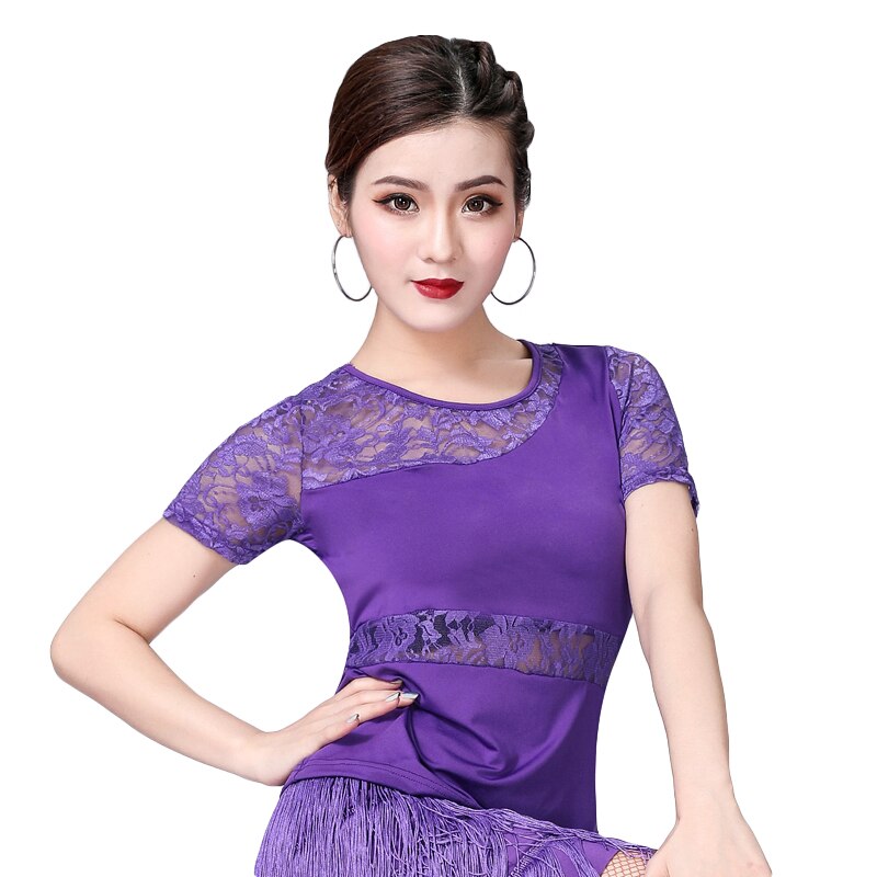 Camiseta manga corta de encaje de baile latino para mujer, ropa de práctica de baile cuadrado moderna, estándar nacional, 1 ud., Nueva: Purple / L