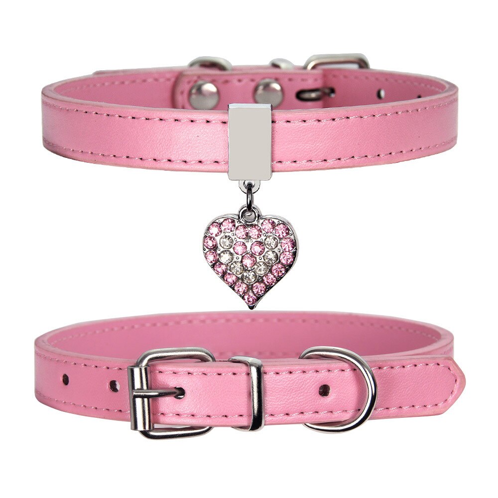 Collar de cuero para perro y gato, Collar ajustable para cachorros y gatitos con estrás, Collar de plomo con corazón ostentoso para gatos pequeños, accesorios para mascotas