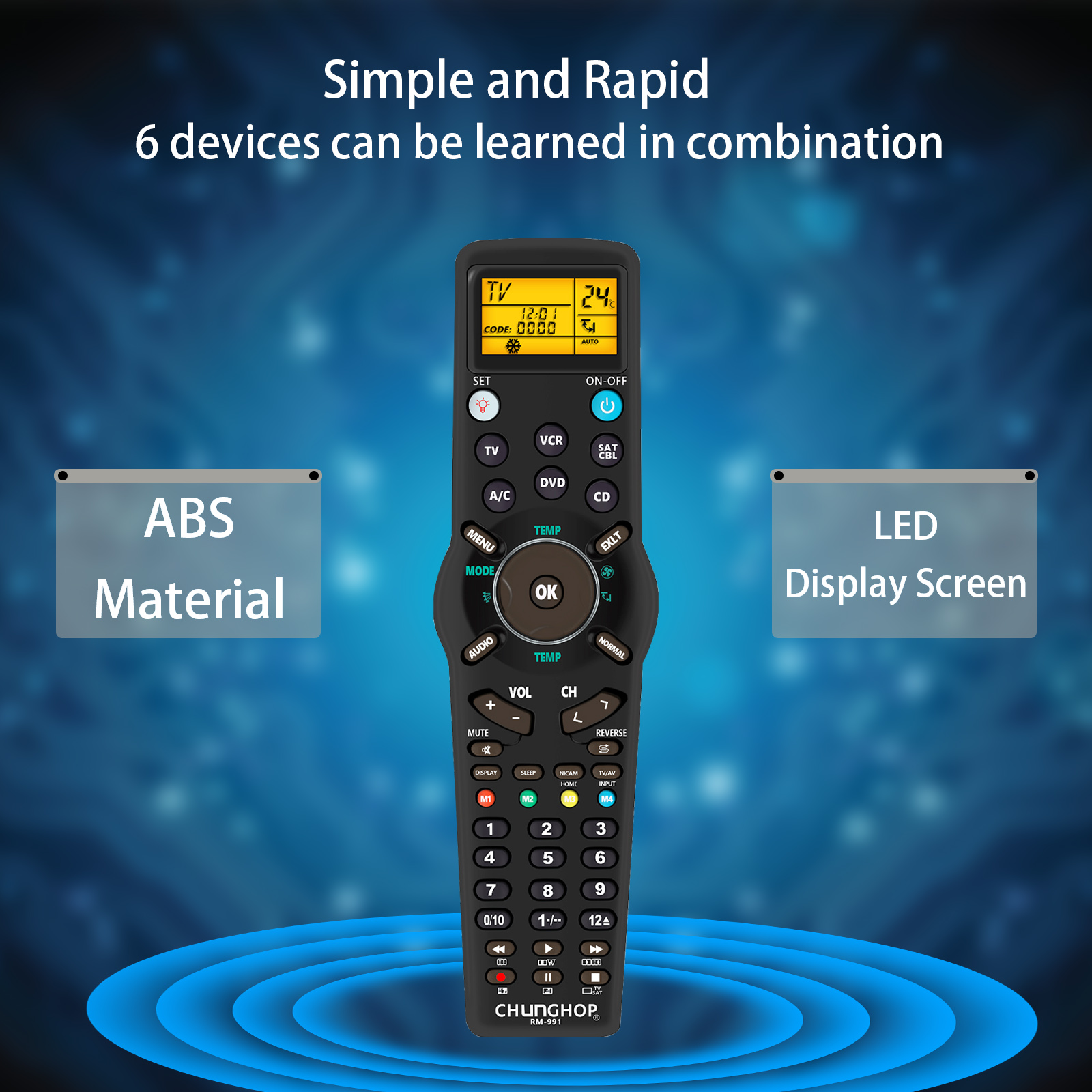 6 in 1 rm-991 universele afstandsbediening leer- en kopieercodeset voor tv/satelliet/dvd/cbl/cd/ac/vcr met achtergrondverlichting chunghop