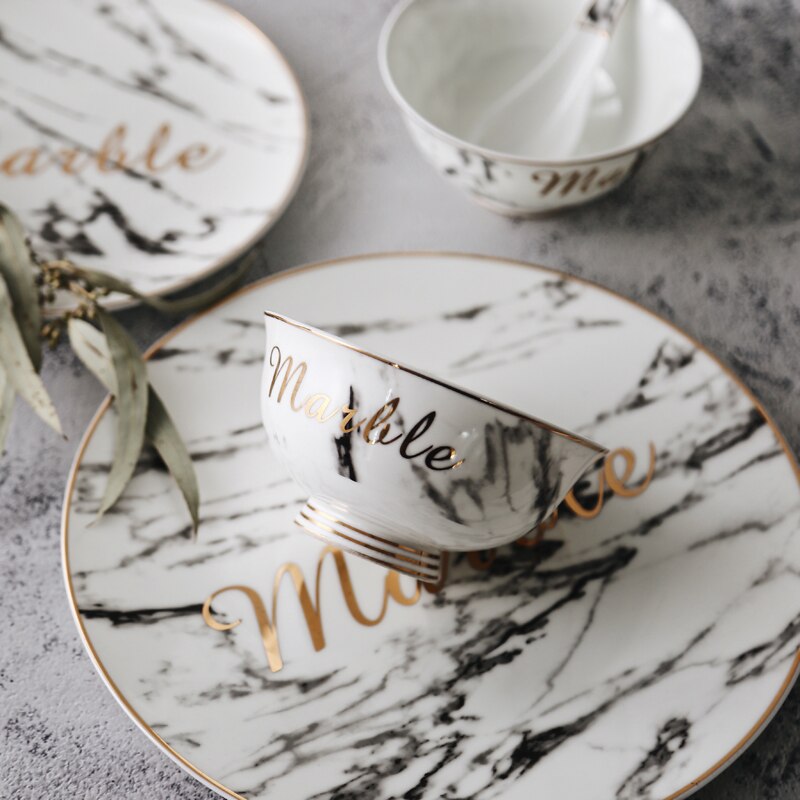 Best plate Porcelain Tableware Gold European Style Marble Pattern Luxury Ceramic Dinnerware Set China Melamine