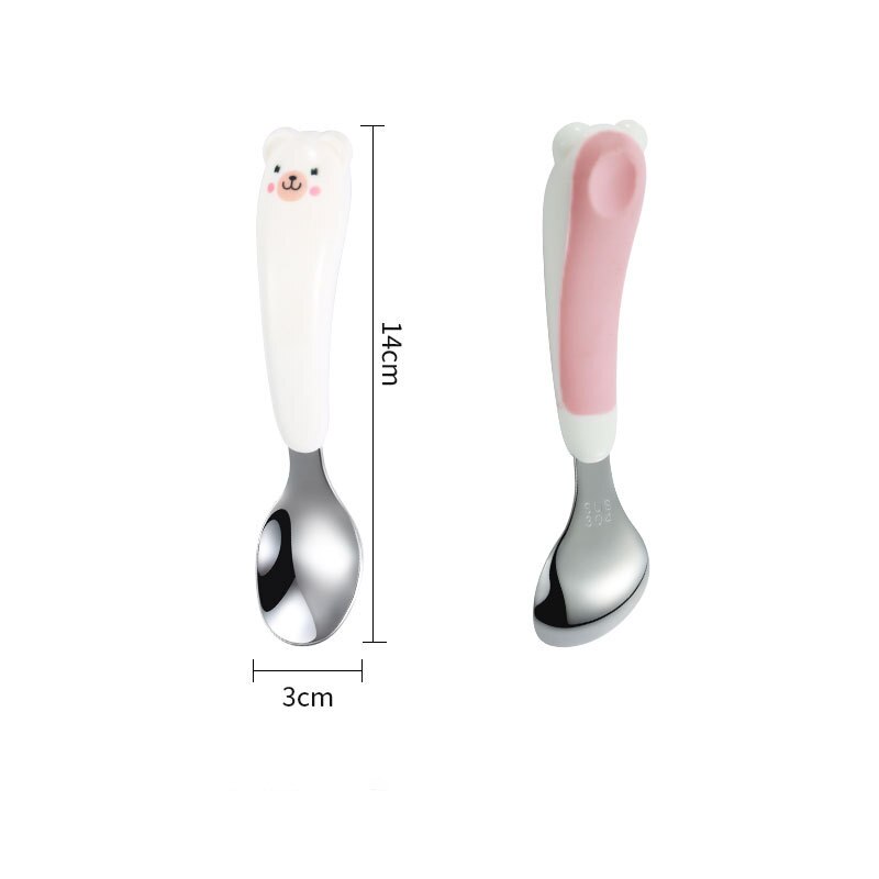 Cute Cartoon Stainless Steel Fork Spoon Set Non-slip ABS Handle Grasp Kids Training Spoon Utensil Baby Feeding Tableware Cutlery: pink spoon