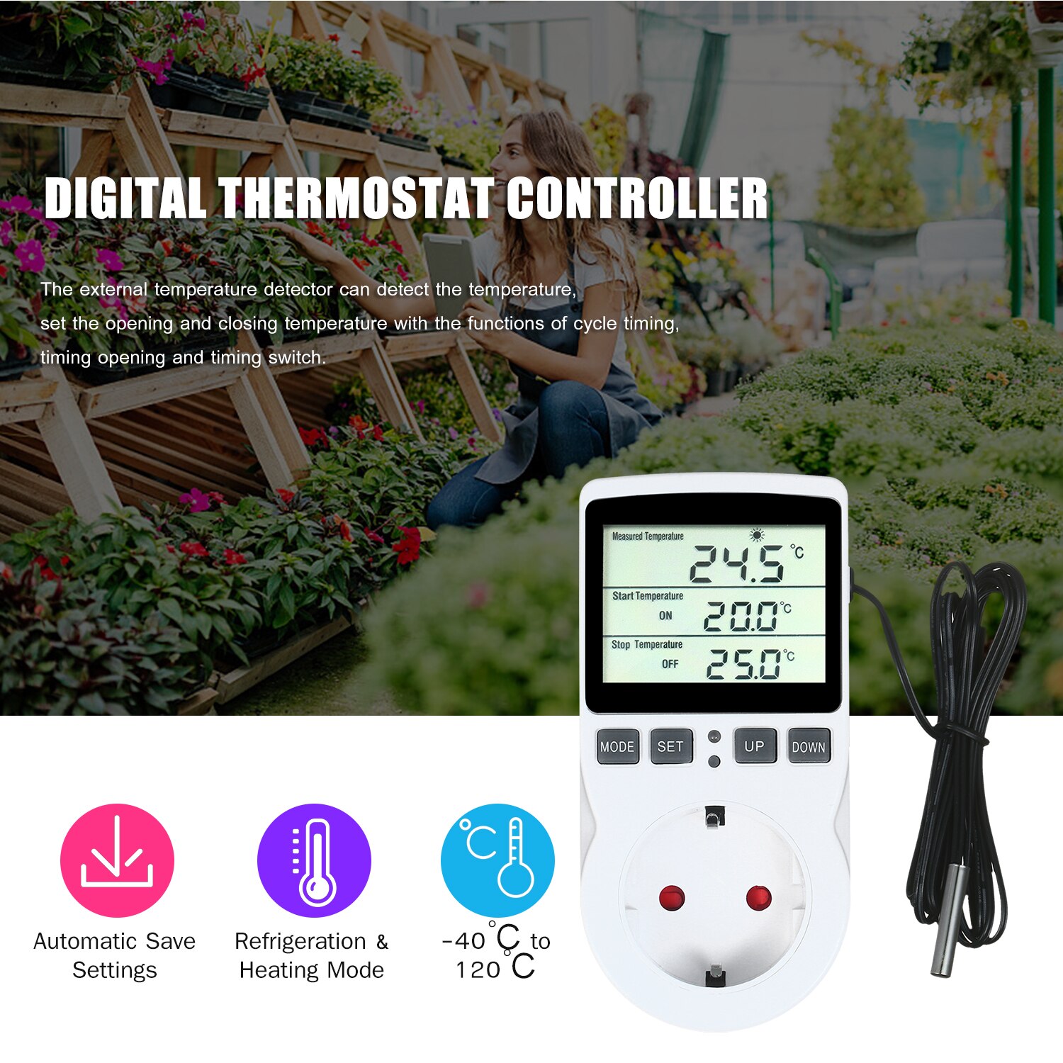 Digital Thermostat Controller for Terrarium Aquarium Reptiles Temperature Controlled Outlet with Timer and Probe