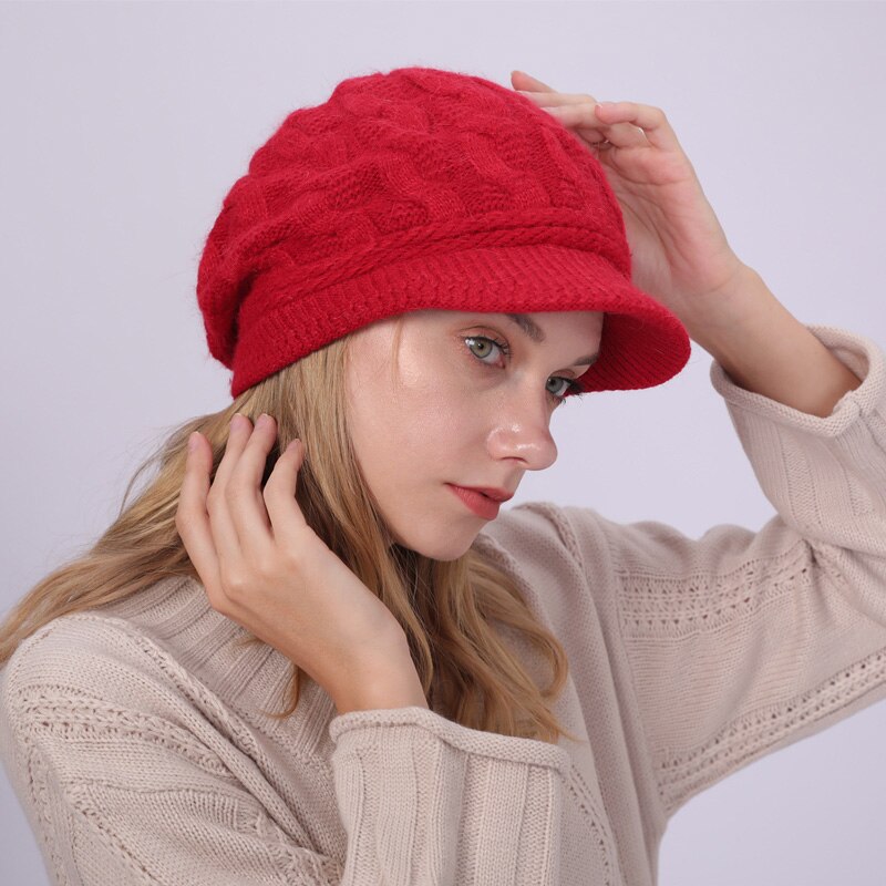 GOPLUS-gorro de lana con visera para mujer, gorro de lana de punto, para mantener el calor, Czapka, Zimowa, Viseiras, C11294: Rojo