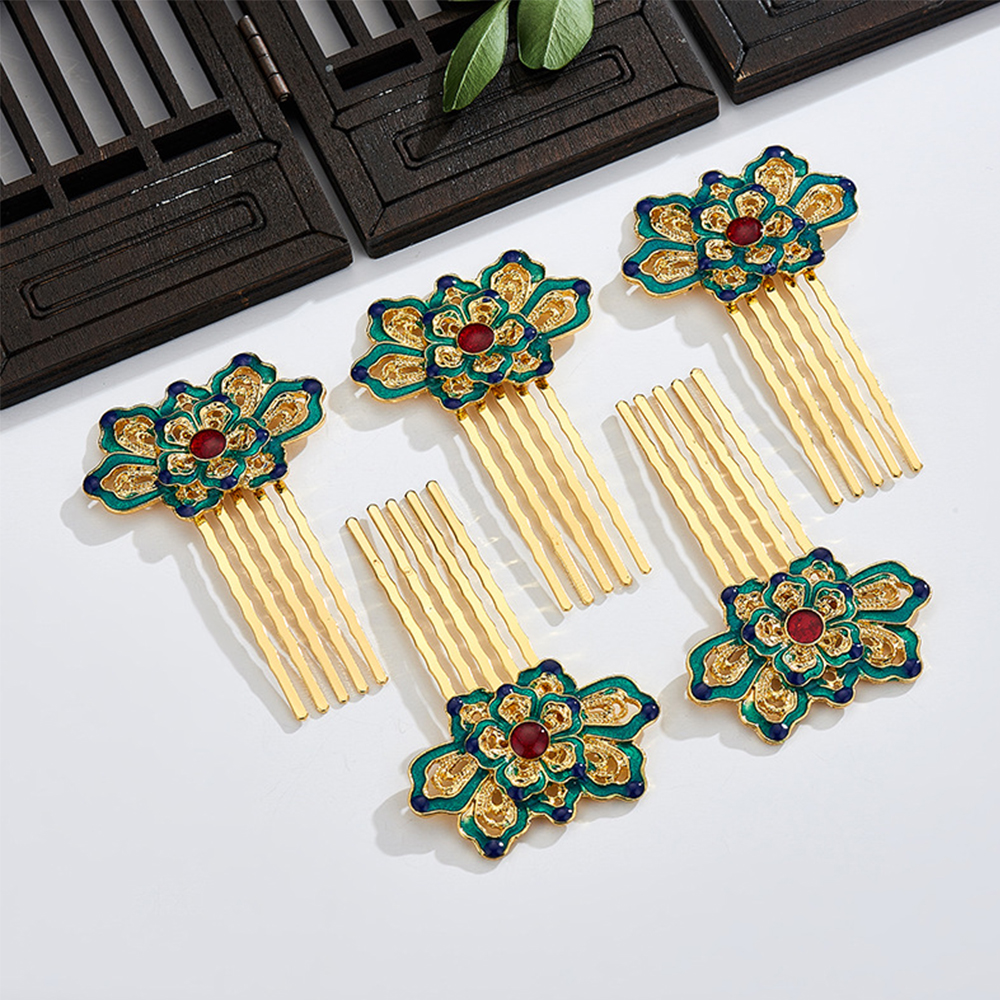 Chinese Hanfu Hair Comb Traditional Classical Style Hairpin Cloisonne Wedding Blue Green Lotus Hair Accessories