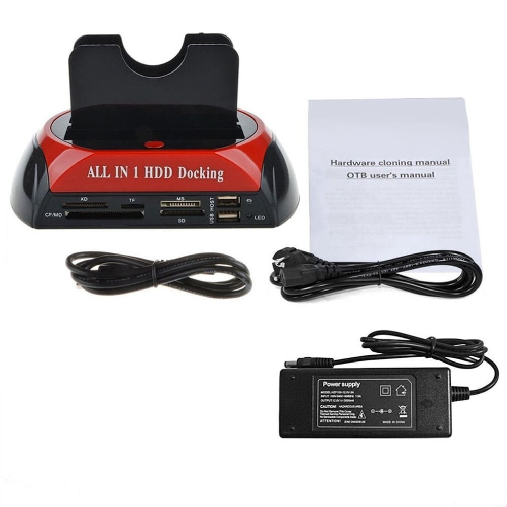 Multifuncional HDD estación de acoplamiento Dual USB 2,0/2,5/IDE de 3,5 pulgadas SATA caja externa de HDD Disco Duro carcasa lector de tarjeta