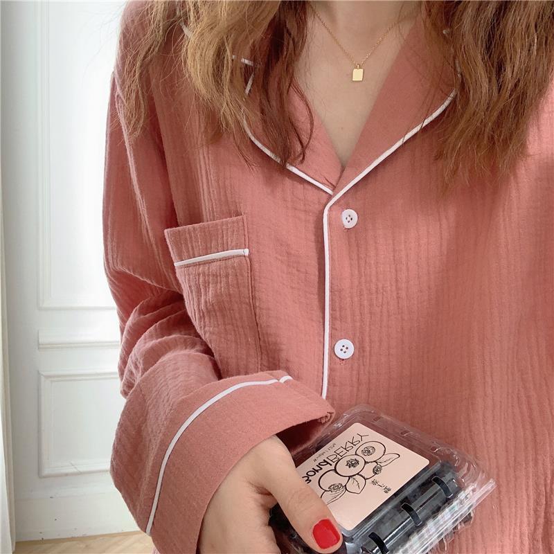 Pijamas coreanos de algodón para mujer y niña, ropa de dormir de manga larga, conjunto Simple de dos piezas, ropa de estar por casa, primavera y otoño,: fen / L