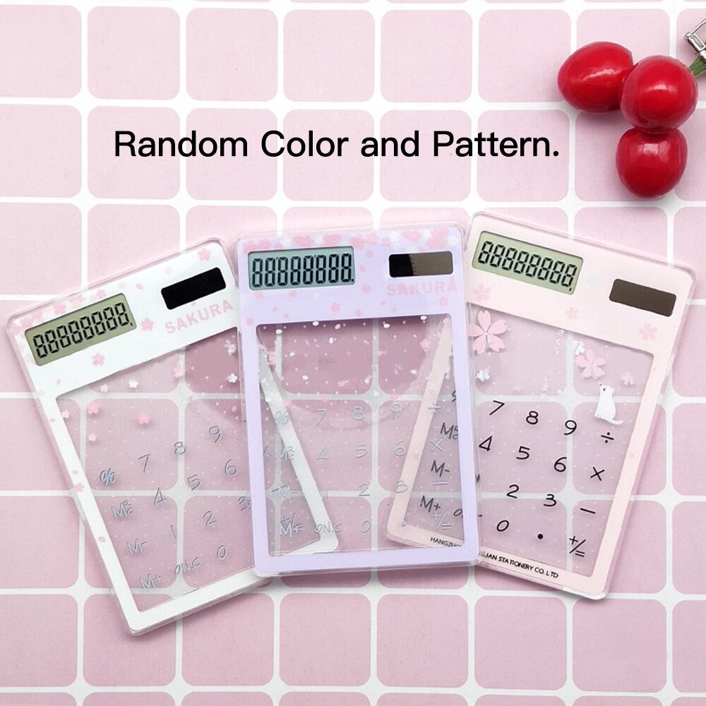 1pc Mini Calculator Cute Cartoon Ultra-thin Transparent Solar Energy Calculator Portable for Children School Office Supplies