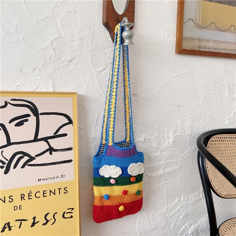 Tailândia arco-íris lona mensageiro saco de lã tricô tote bags para menina algodão pano bolsa de ombro feminino adorável estudante bolsa