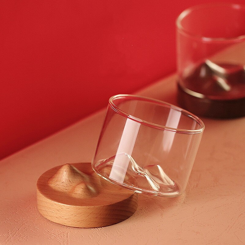 Transparent Whiskey Glass with Wooden Base Heat Resistant Beer Glass Wine Water Tea Cup Set Bar Crystal Home Drinkware