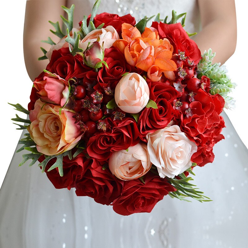 Kyunovia bryllupsblomster brudebuket røde roser buket bryllupstilbehør brudbuket bryllupsbrudbuketter  gc33