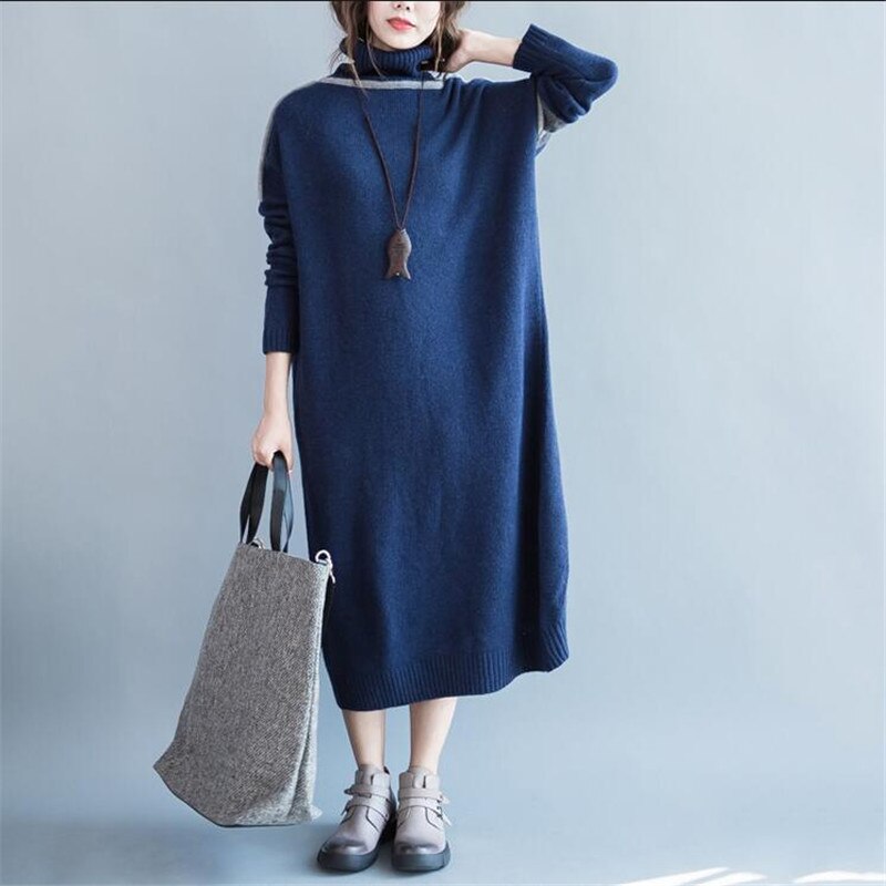 Sweater Dress Vestidos Autumn Women Casual Long Sleeve turtleneck Knitted Dress Winter long Dresses Plus Size: Navy Blue