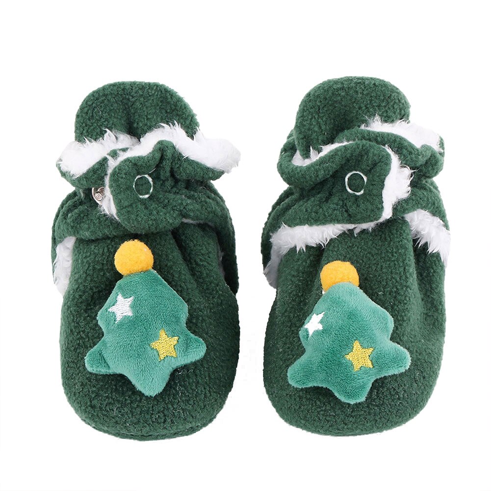 Baby christmas støvletter vinter varme 3d tegneserie fleece sokker krybbe sko skridsikker toddle first walking sko santa foot sokker: Grøn / Størrelse 11 0-6 måneder